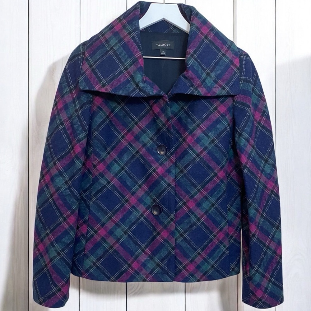 Talbots Wool Stunning Navy, Pink & Green Plaid Oversized Collar Peacoat Size 6